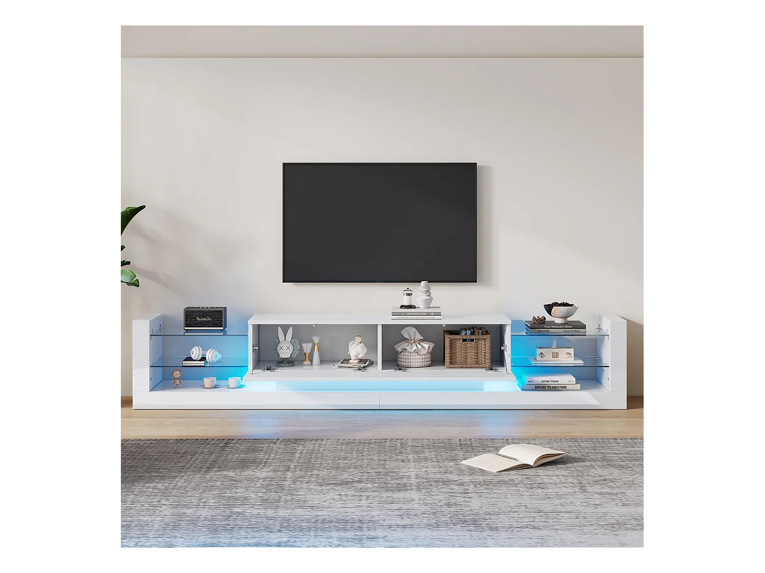 Meuble TV 181x38x38cm avec 2 portes et 4 tablettes en verre, LED inclus, blanc