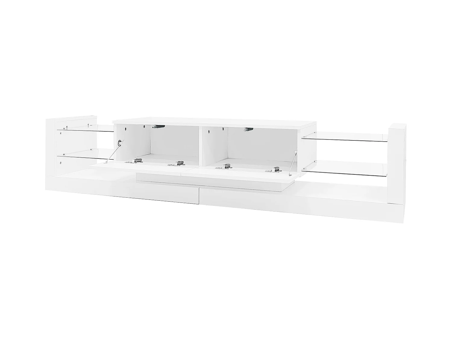 Meuble TV 181x38x38cm avec 2 portes et 4 tablettes en verre, LED inclus, blanc