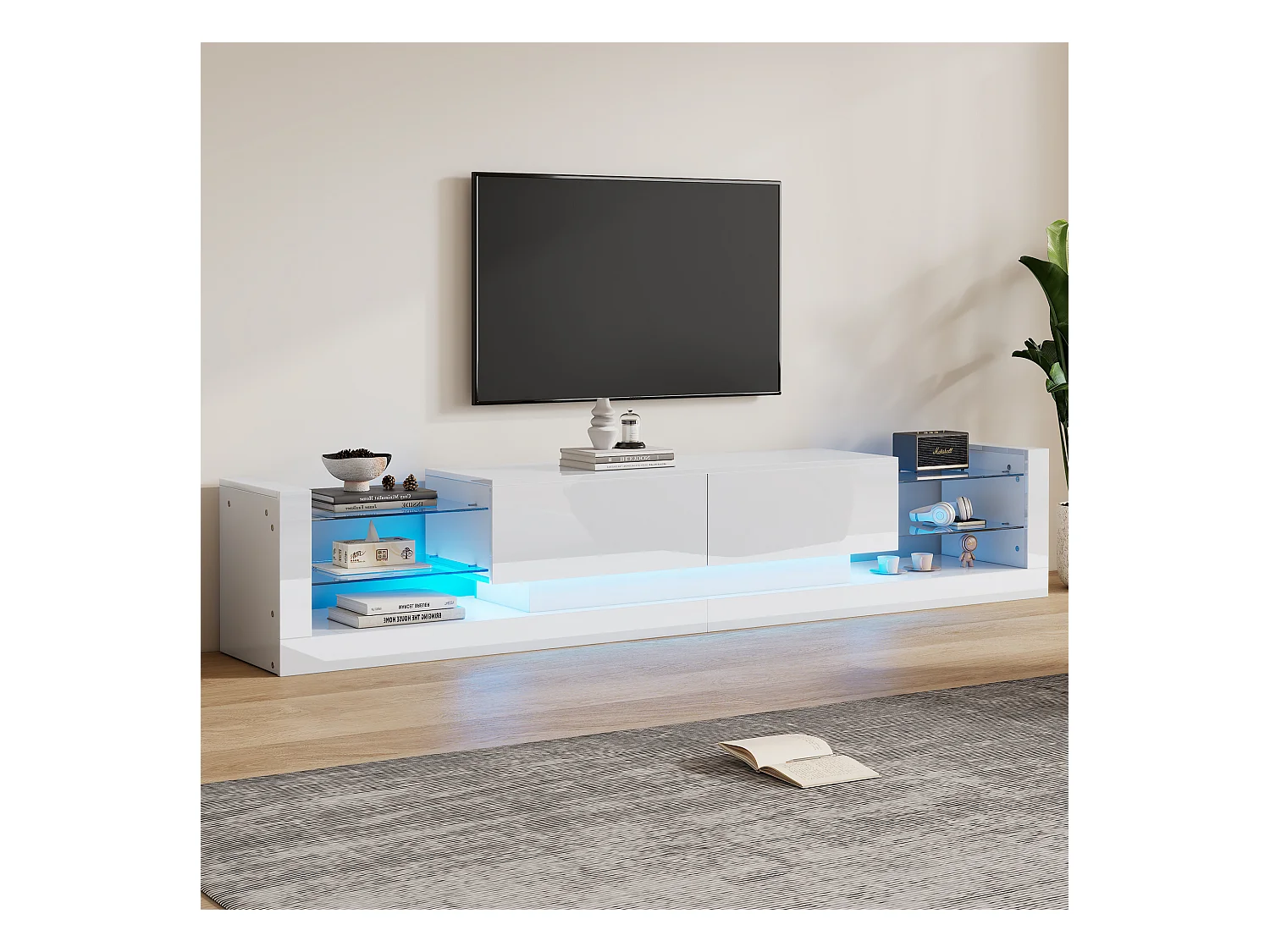 Meuble TV 181x38x38cm avec 2 portes et 4 tablettes en verre, LED inclus, blanc