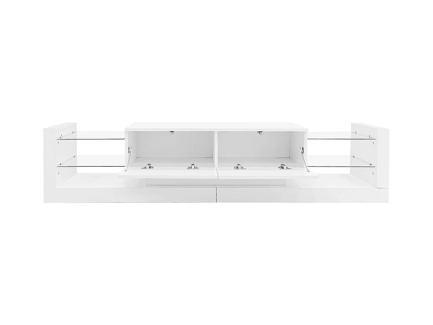 Meuble TV 181x38x38cm avec 2 portes et 4 tablettes en verre, LED inclus, blanc