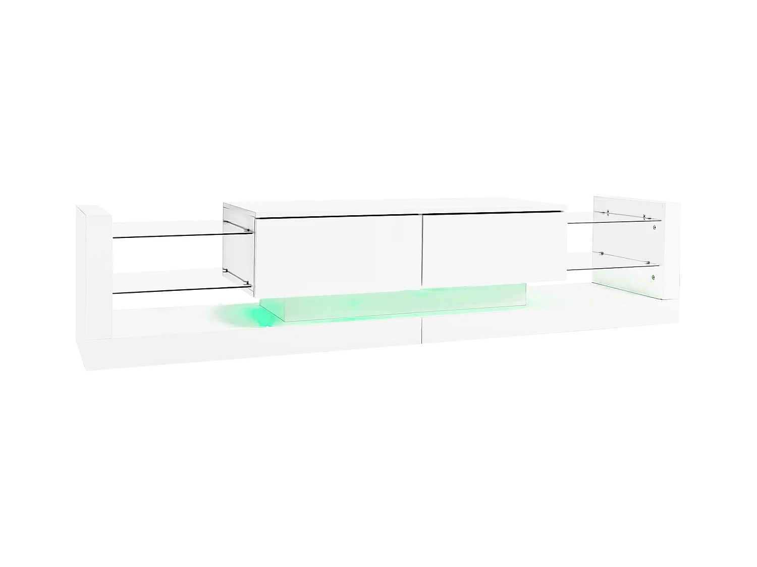 Meuble TV 181x38x38cm avec 2 portes et 4 tablettes en verre, LED inclus, blanc