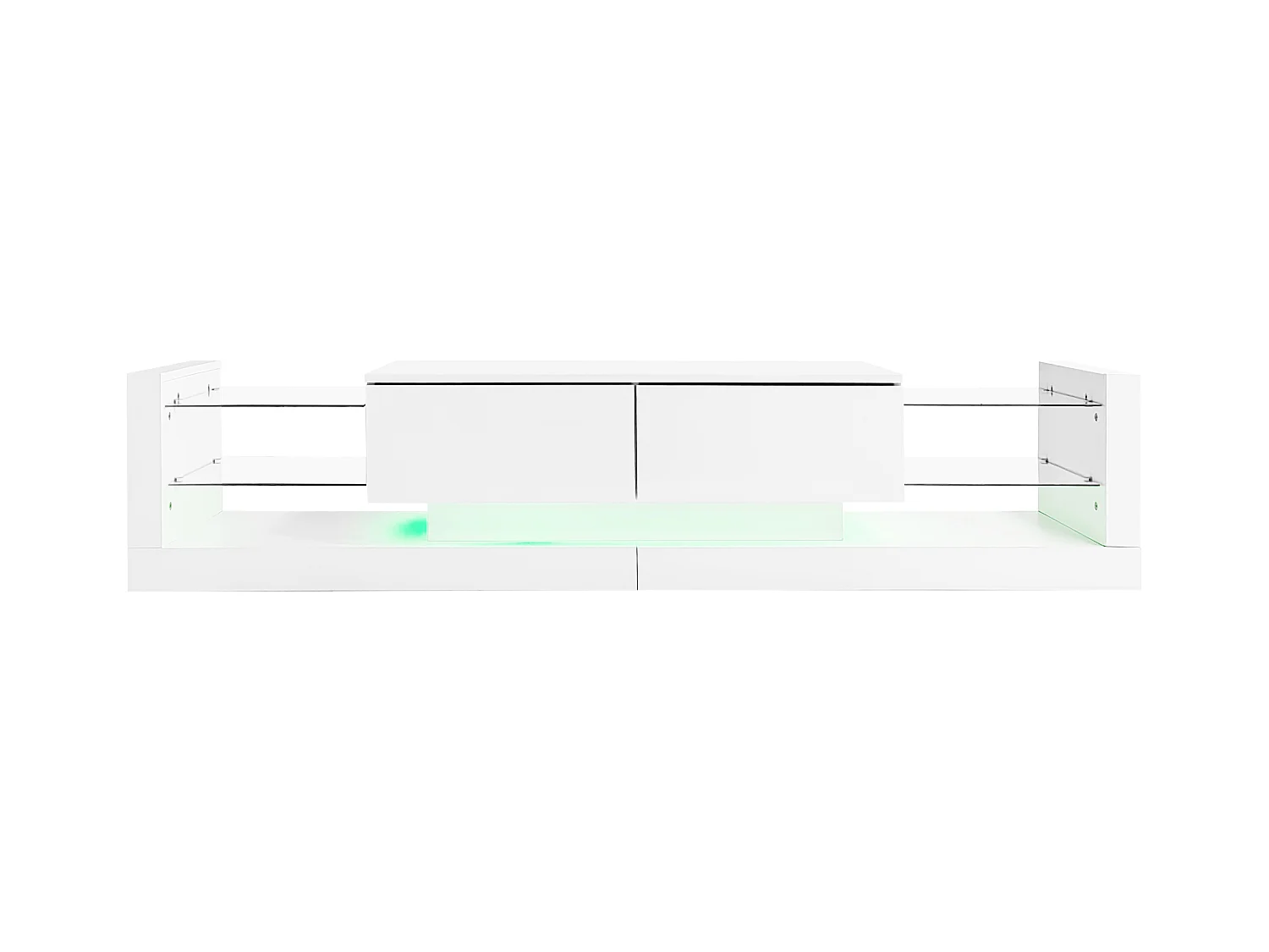 Meuble TV 181x38x38cm avec 2 portes et 4 tablettes en verre, LED inclus, blanc