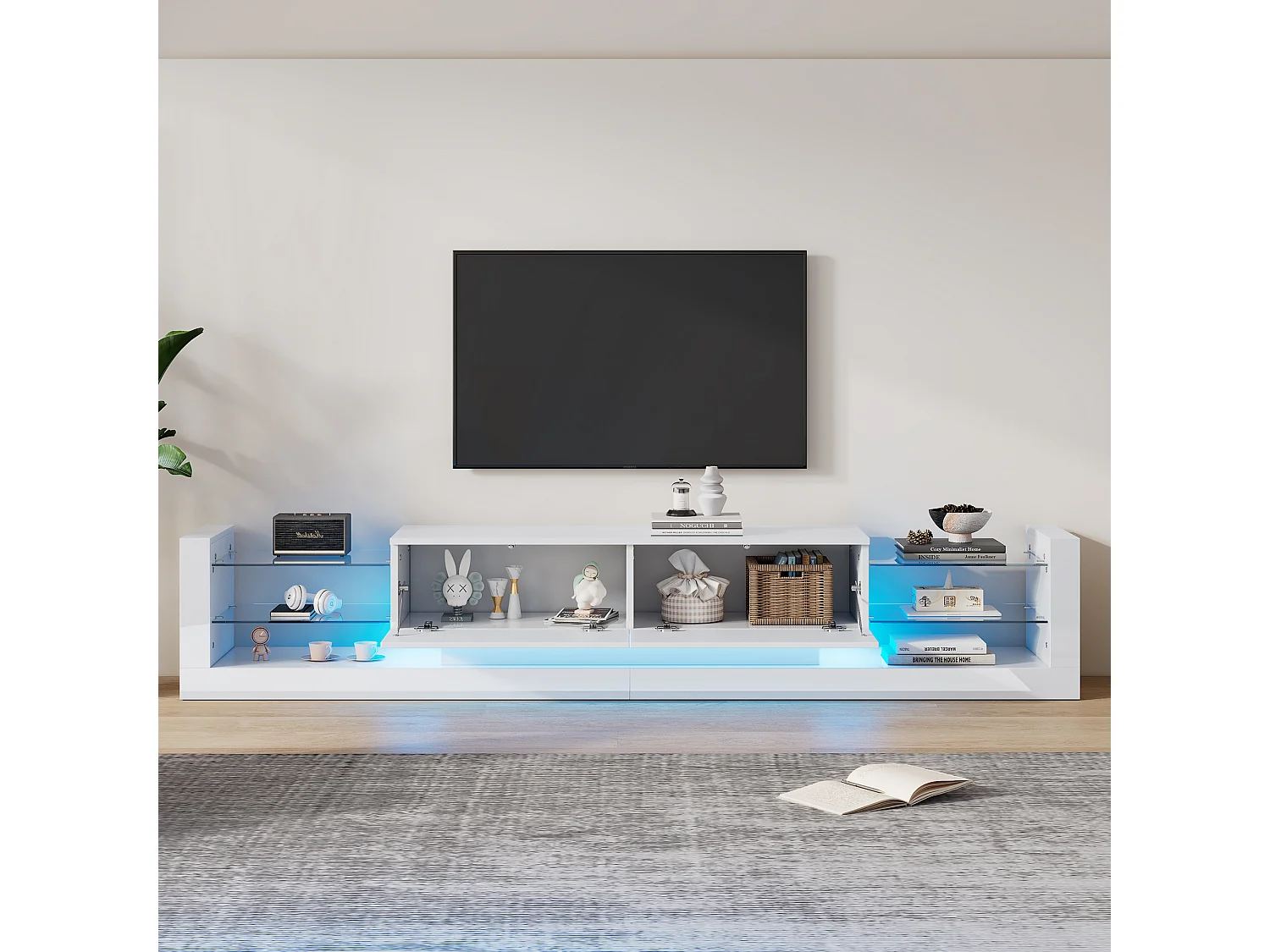 Meuble TV 181x38x38cm avec 2 portes et 4 tablettes en verre, LED inclus, blanc