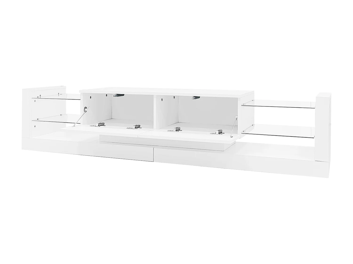 Meuble TV 181x38x38cm avec 2 portes et 4 tablettes en verre, LED inclus, blanc