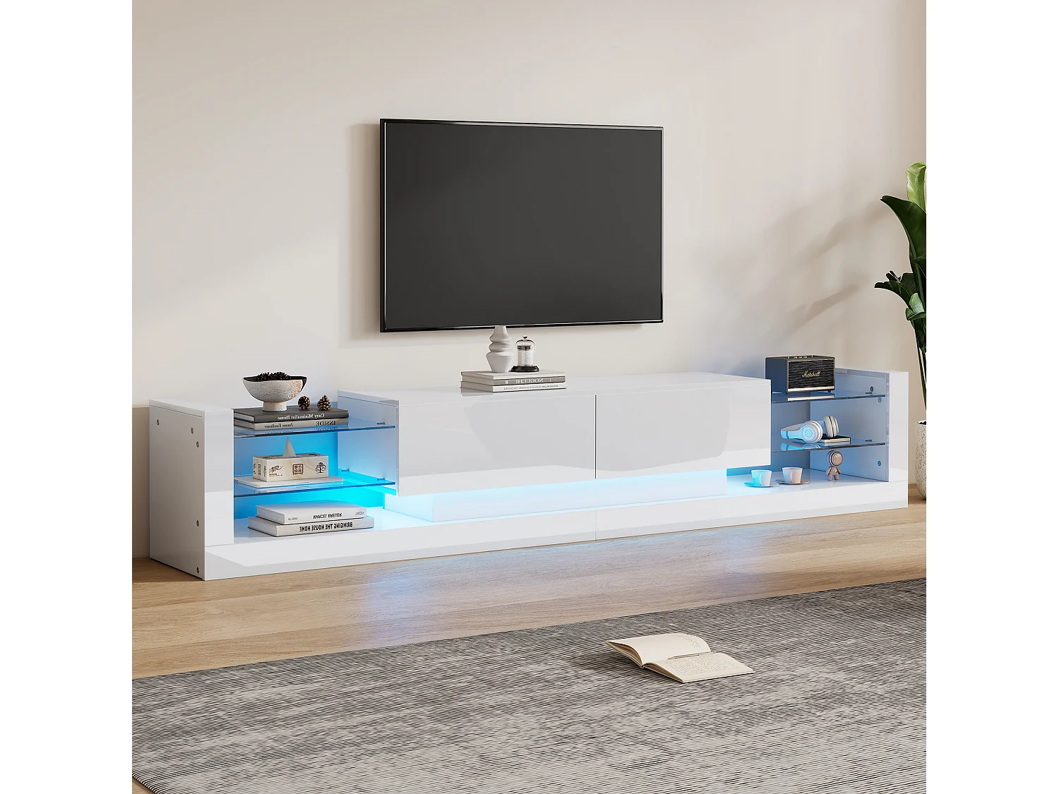 Meuble TV 181x38x38cm avec 2 portes et 4 tablettes en verre, LED inclus, blanc