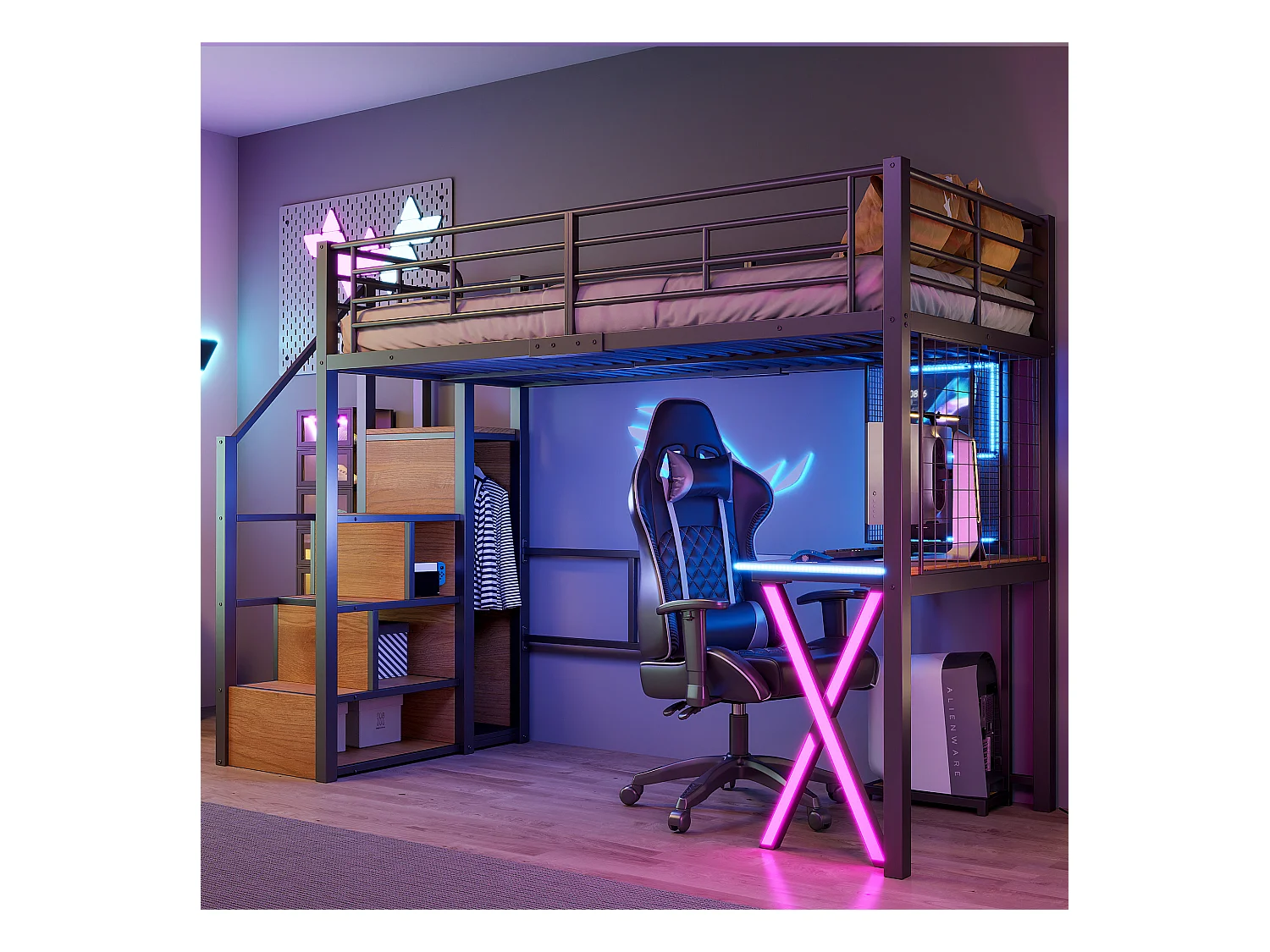Letto a soppalco per bambini 90×200 cm - LED - Scala contenitore - Scrivania - Armadio - Metallo nero, senza materasso