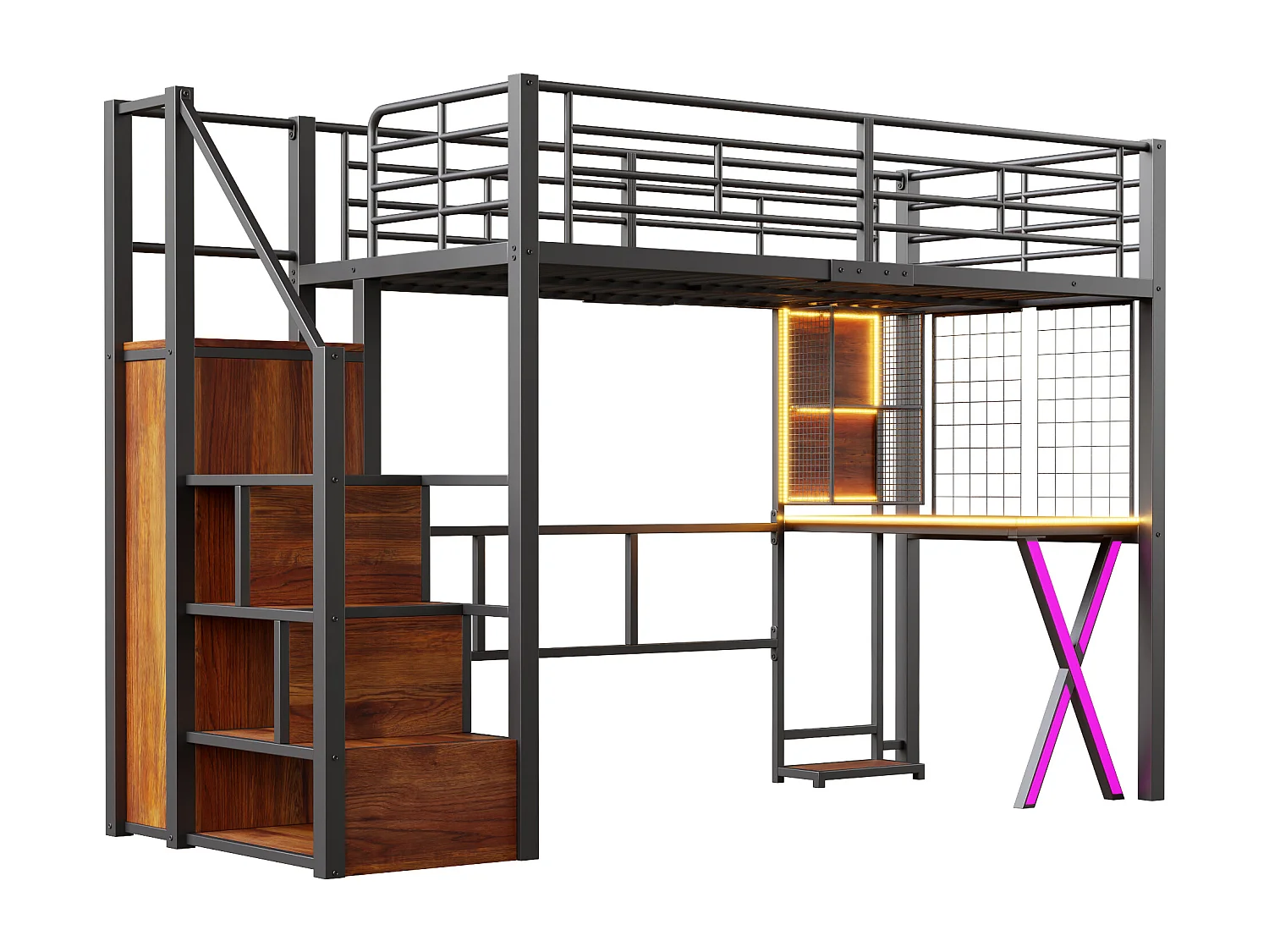 Lit Mezzanine Enfant 90×200 cm - LED - Escalier de Rangement - Bureau - Penderie - Métal Noir, sans matelas