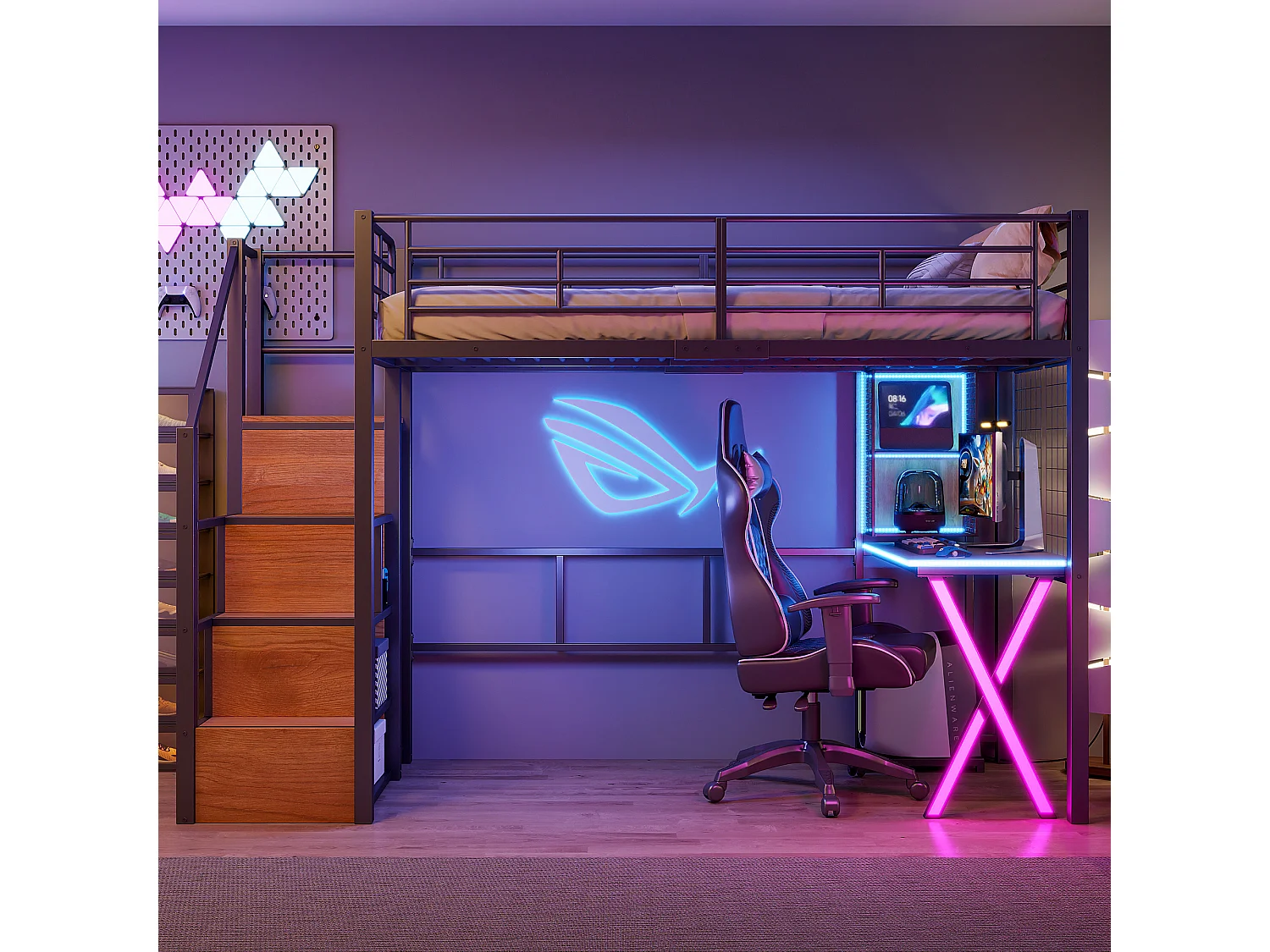 Lit Mezzanine Enfant 90×200 cm - LED - Escalier de Rangement - Bureau - Penderie - Métal Noir, sans matelas