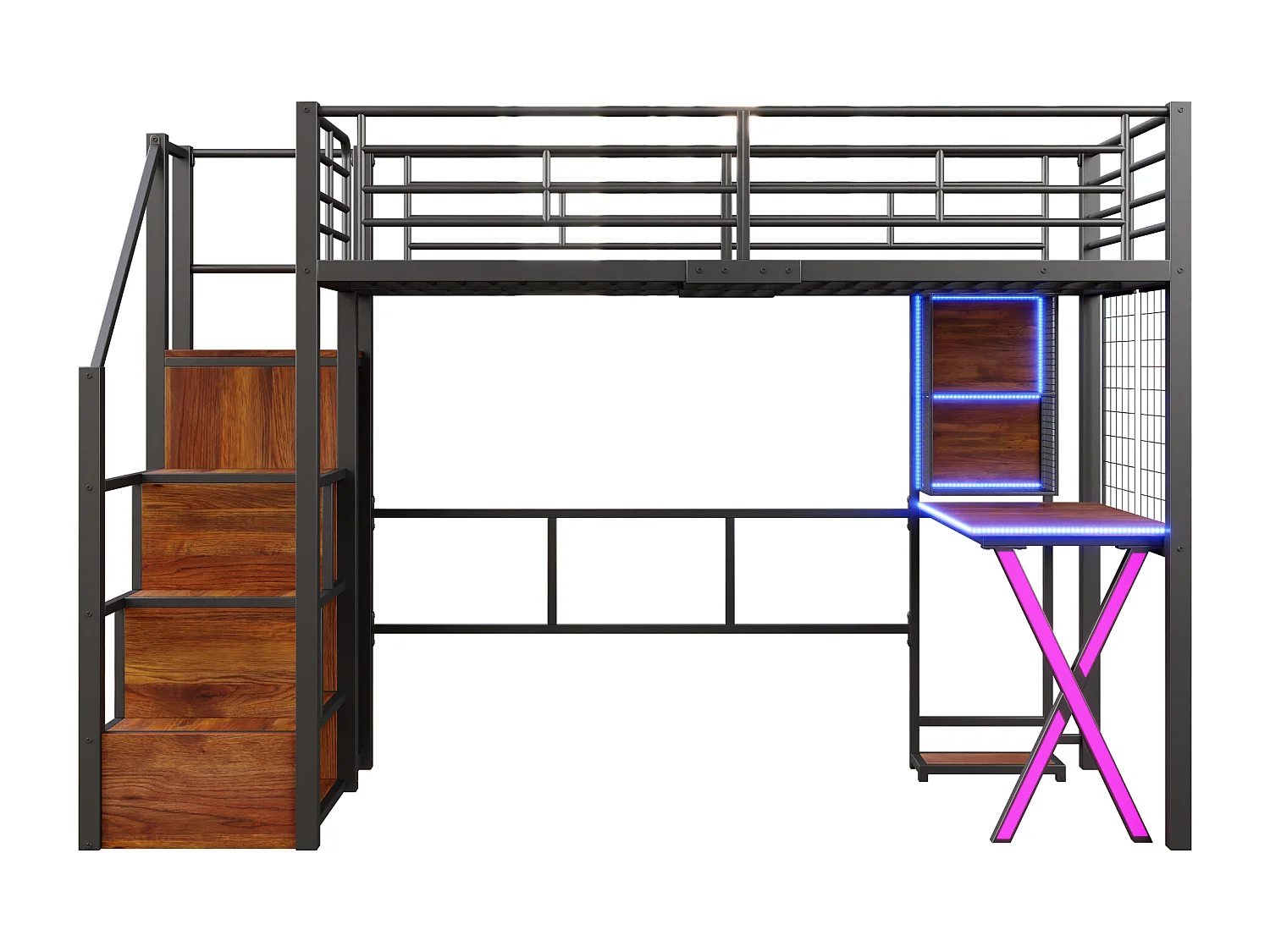 Lit Mezzanine Enfant 90×200 cm - LED - Escalier de Rangement - Bureau - Penderie - Métal Noir, sans matelas