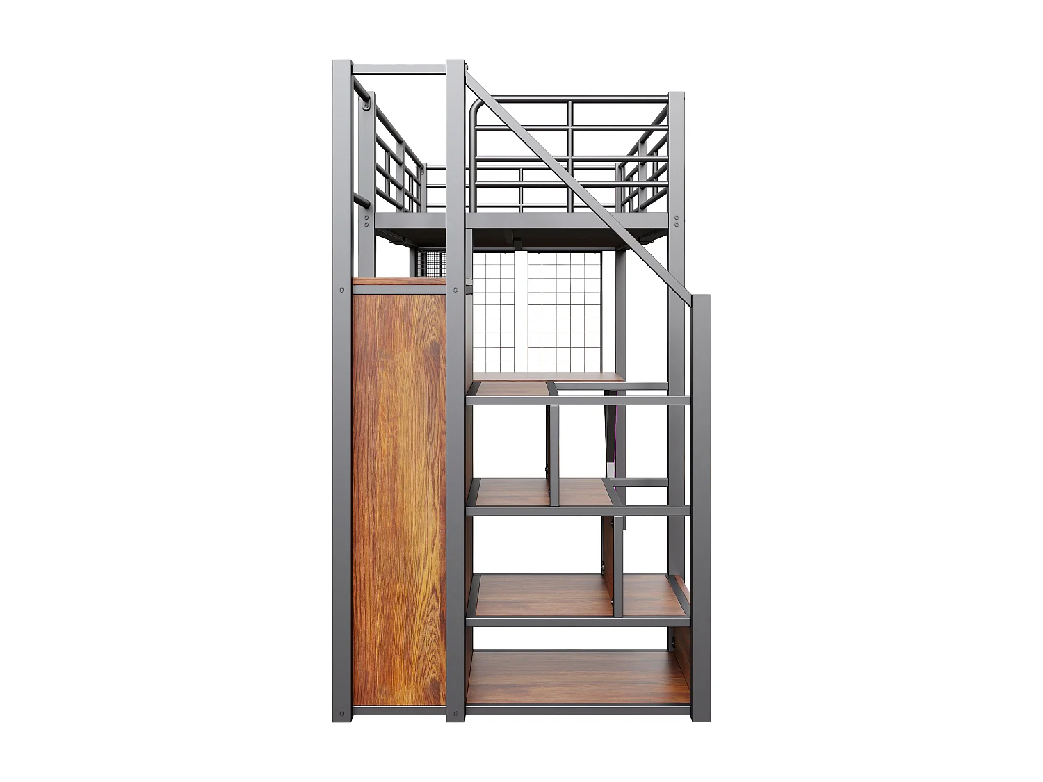 Lit Mezzanine Enfant 90×200 cm - LED - Escalier de Rangement - Bureau - Penderie - Métal Noir, sans matelas