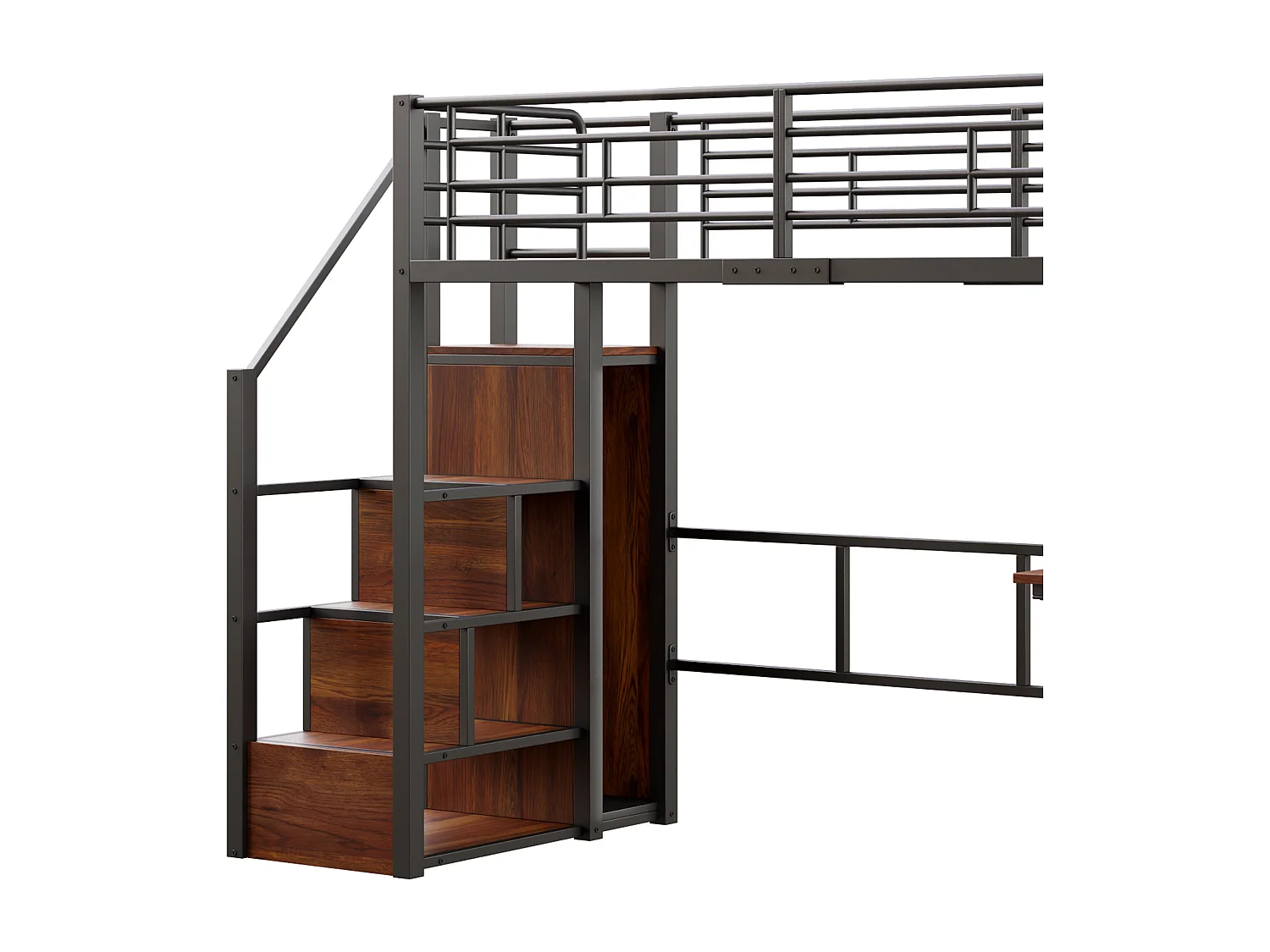 Lit Mezzanine Enfant 90×200 cm - LED - Escalier de Rangement - Bureau - Penderie - Métal Noir, sans matelas