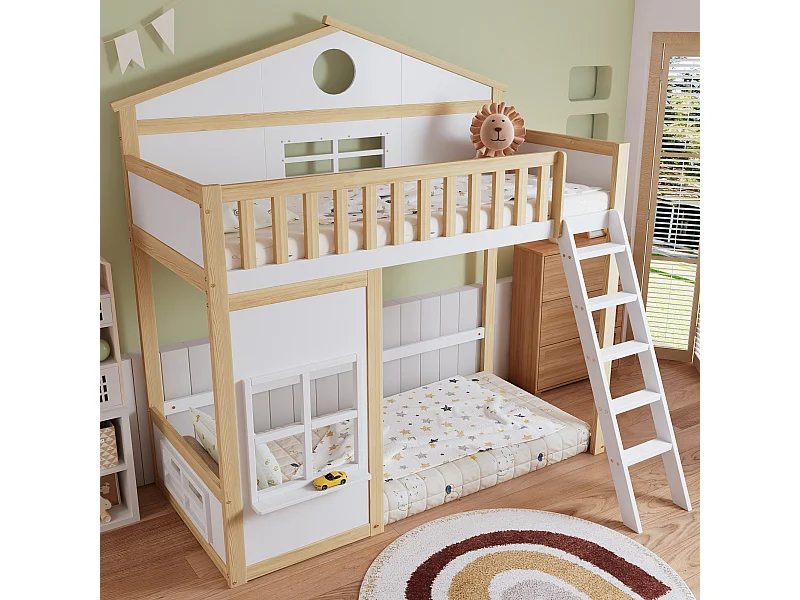 Lit mezzanine enfant 90x200cm en forme de maison, avec fenêtres décoratives et escalier, sommier à lattes, sans matelas, blanc et naturel clair