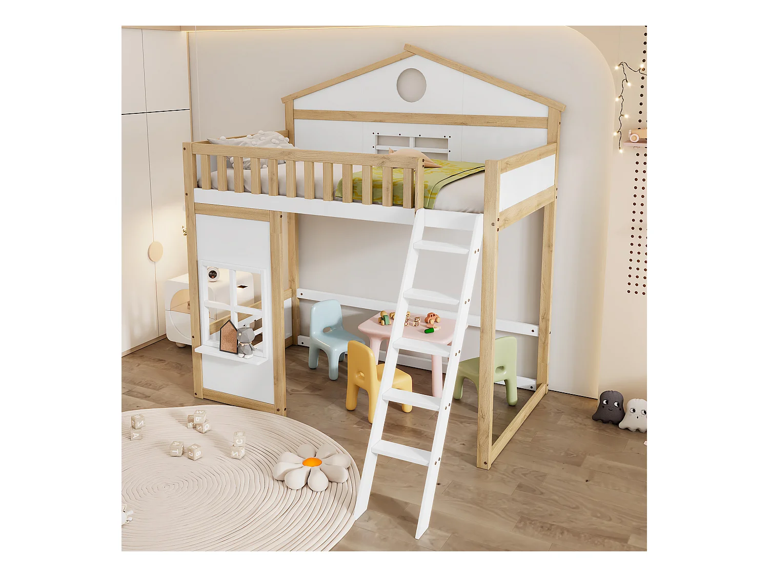 Kinderhoogslaper 90x200cm in de vorm van een huis, met decoratieve ramen en trap, lattenbodem, zonder matras, wit en licht naturel