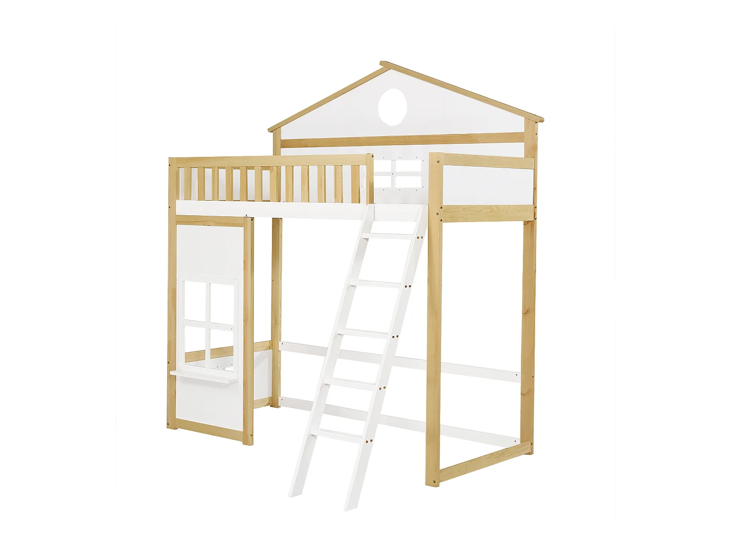 Kinderhoogslaper 90x200cm in de vorm van een huis, met decoratieve ramen en trap, lattenbodem, zonder matras, wit en licht naturel