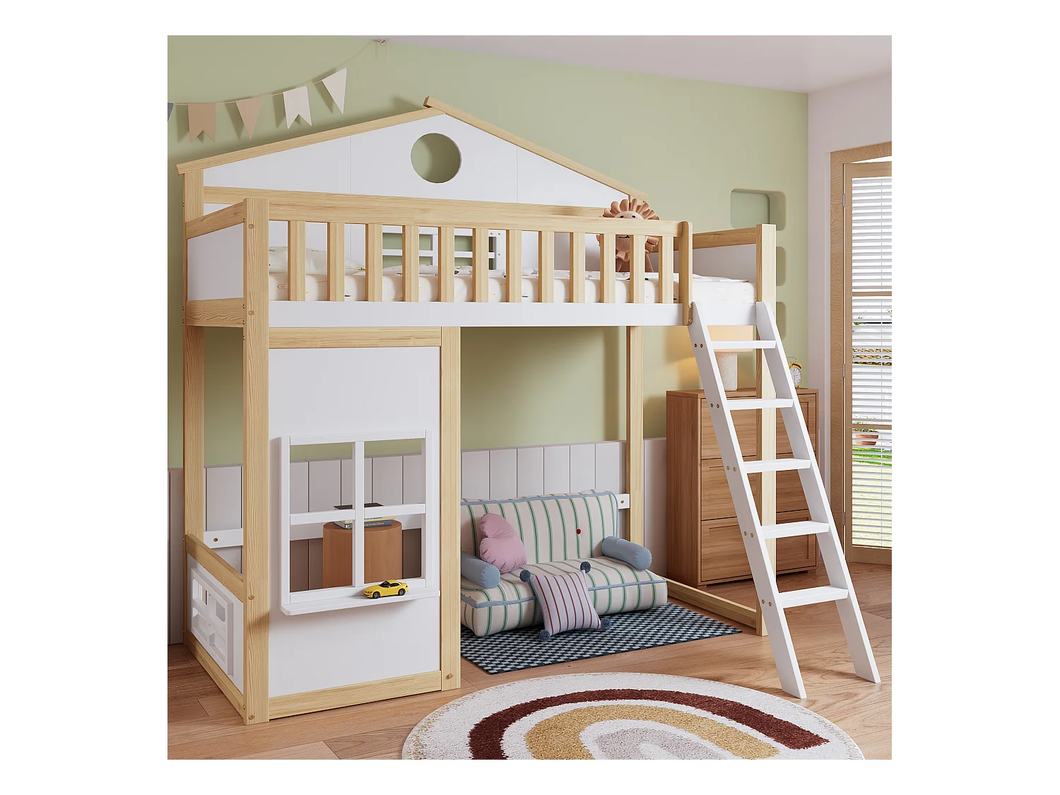 Kinderhoogslaper 90x200cm in de vorm van een huis, met decoratieve ramen en trap, lattenbodem, zonder matras, wit en licht naturel