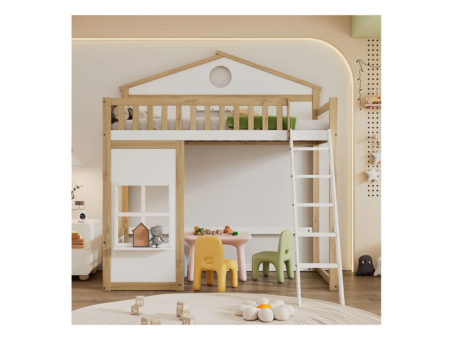 Kinderhoogslaper 90x200cm in de vorm van een huis, met decoratieve ramen en trap, lattenbodem, zonder matras, wit en licht naturel