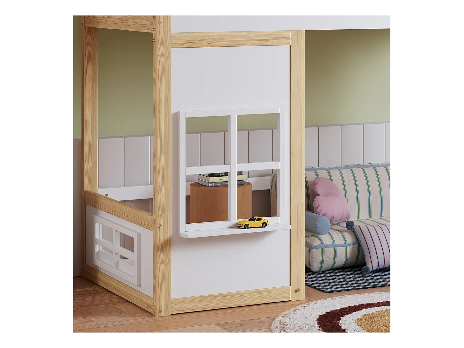 Kinderhoogslaper 90x200cm in de vorm van een huis, met decoratieve ramen en trap, lattenbodem, zonder matras, wit en licht naturel