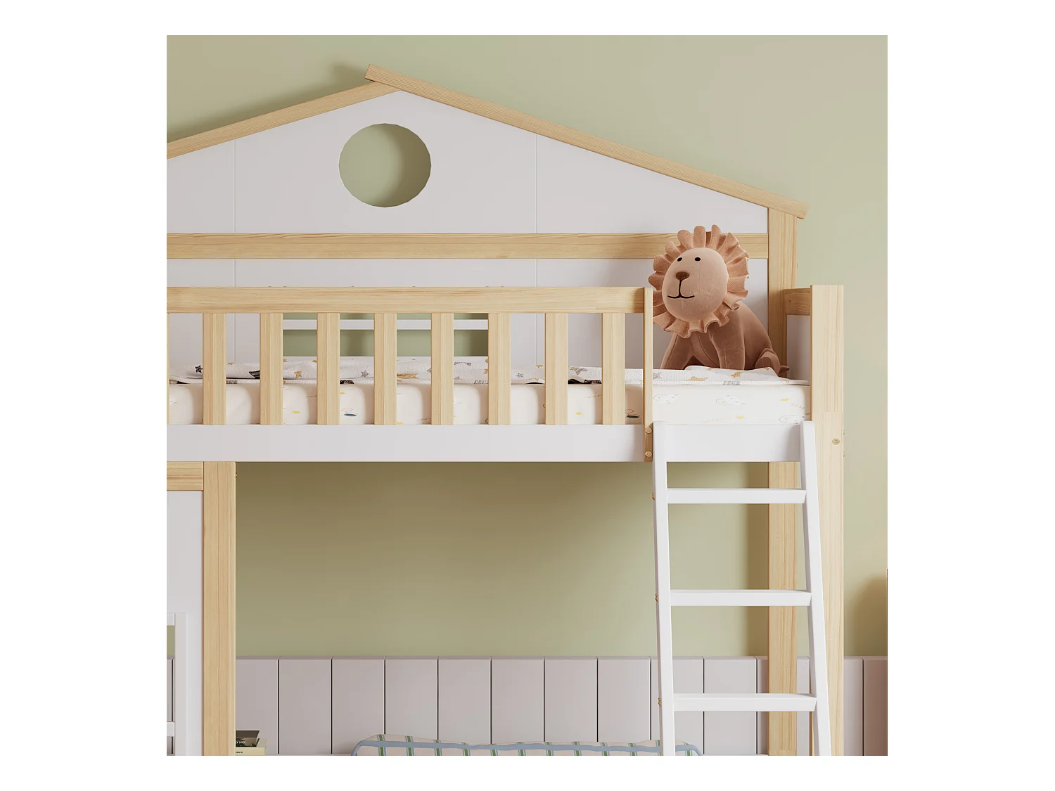 Kinderhoogslaper 90x200cm in de vorm van een huis, met decoratieve ramen en trap, lattenbodem, zonder matras, wit en licht naturel