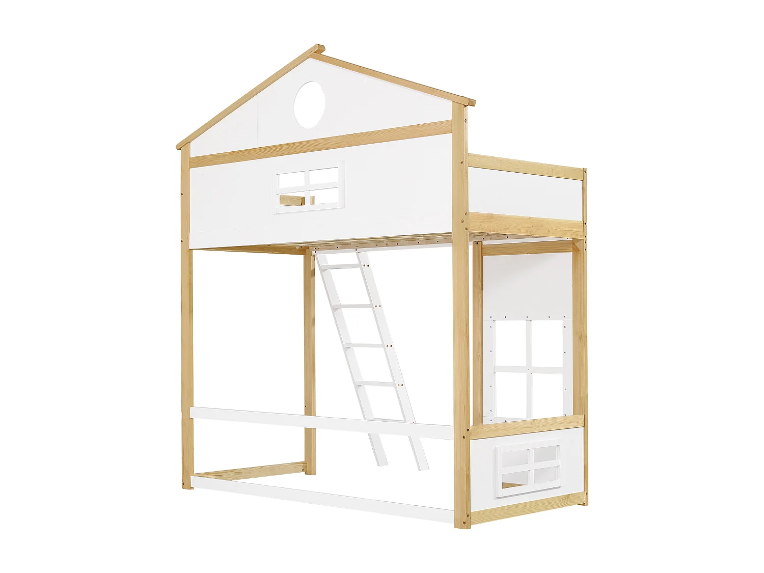 Kinderhoogslaper 90x200cm in de vorm van een huis, met decoratieve ramen en trap, lattenbodem, zonder matras, wit en licht naturel