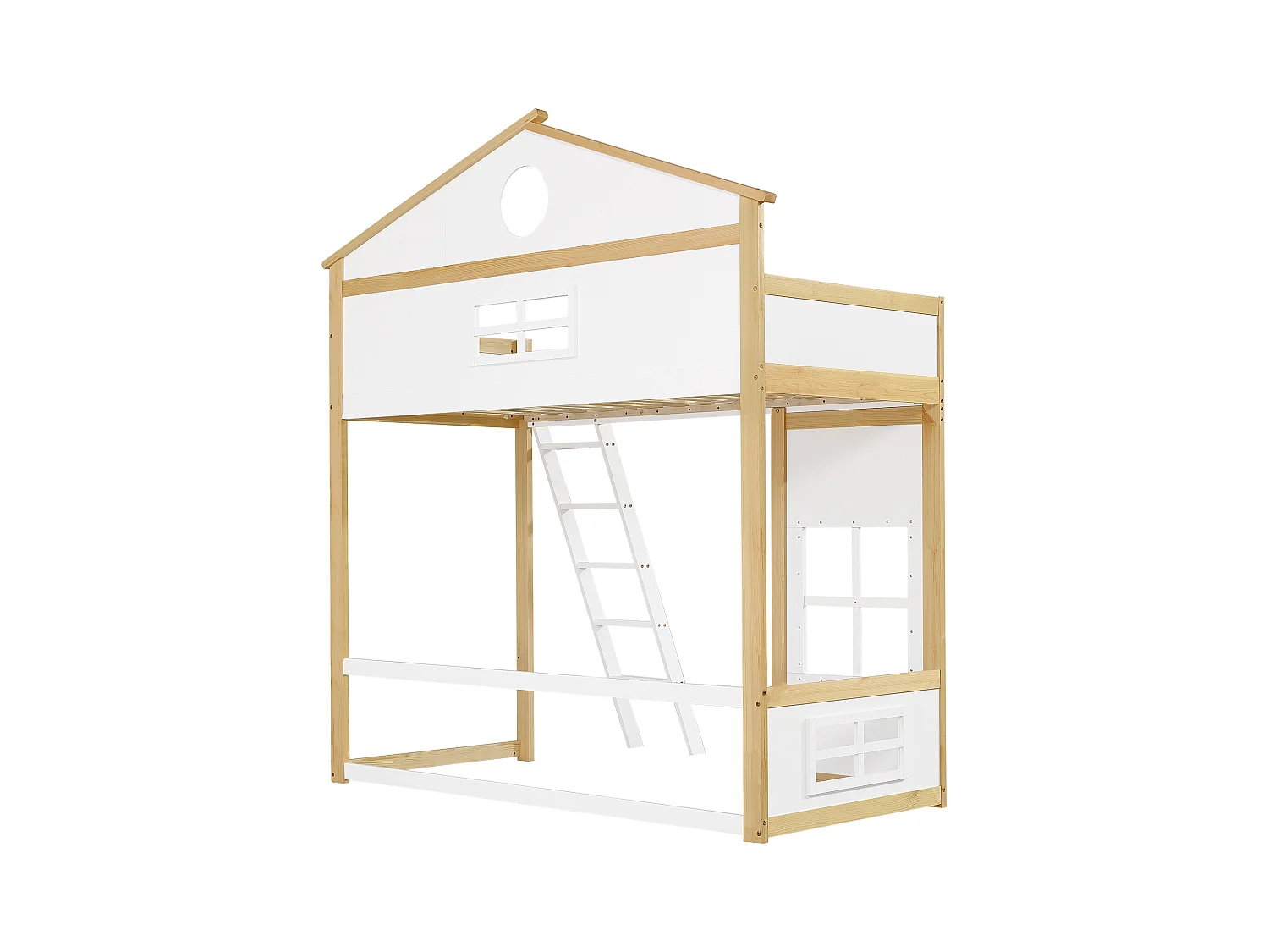Lit mezzanine enfant 90x200cm en forme de maison, avec fenêtres décoratives et escalier, sommier à lattes, sans matelas, blanc et naturel clair