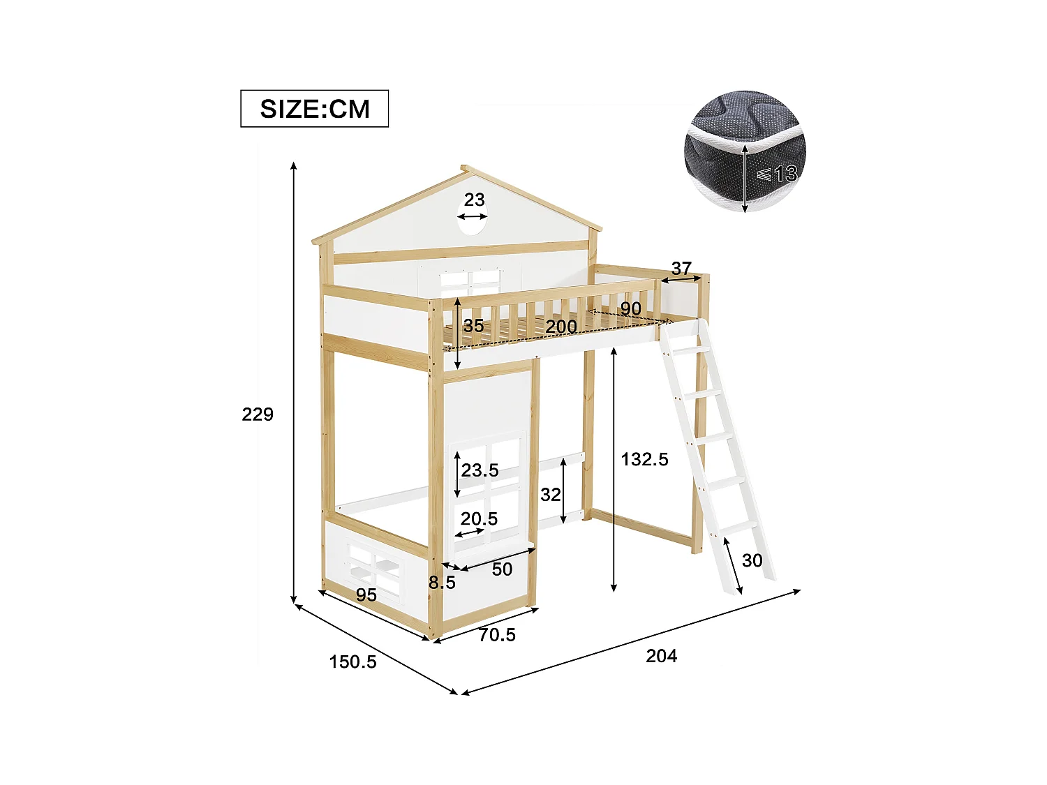 Lit mezzanine enfant 90x200cm en forme de maison, avec fenêtres décoratives et escalier, sommier à lattes, sans matelas, blanc et naturel clair