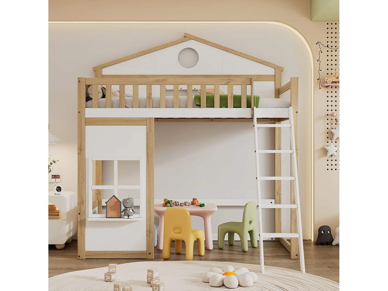 Letto a soppalco per bambini 90x200cm a forma di casa, con finestre decorative e scale, rete a doghe, senza materasso, bianco e naturale chiaro