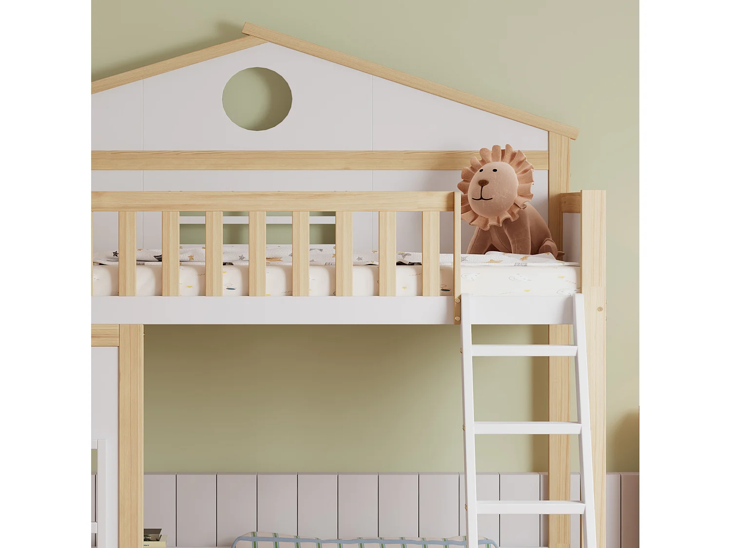 Letto a soppalco per bambini 90x200cm a forma di casa, con finestre decorative e scale, rete a doghe, senza materasso, bianco e naturale chiaro