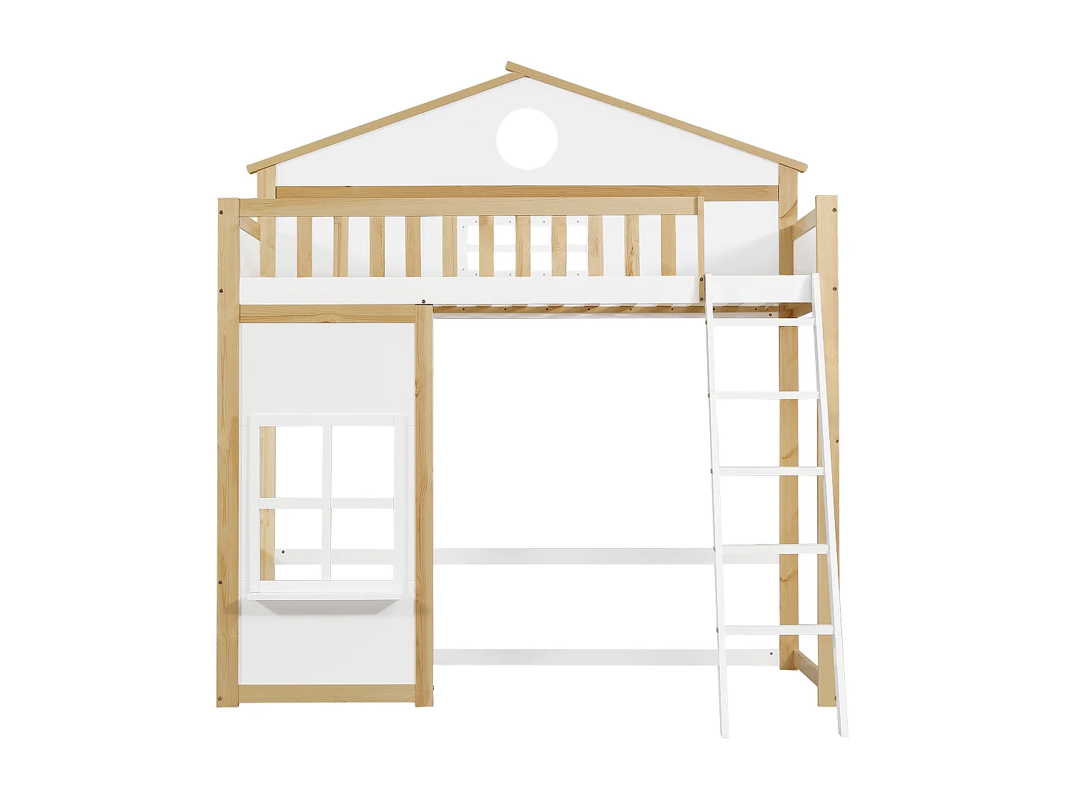 Letto a soppalco per bambini 90x200cm a forma di casa, con finestre decorative e scale, rete a doghe, senza materasso, bianco e naturale chiaro