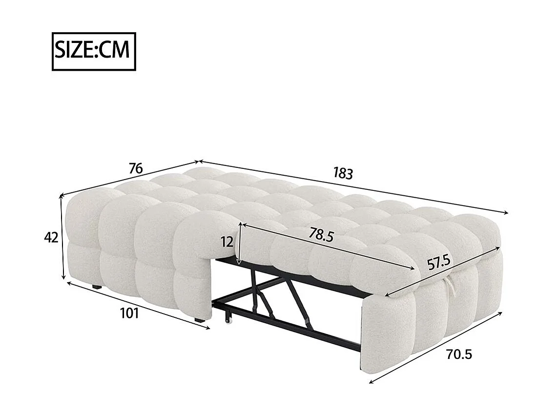 Lit gigogne, canapé-lit, pouf 2 en 1, nounours, beige, dimensions 183 x 76 x 42 cm
