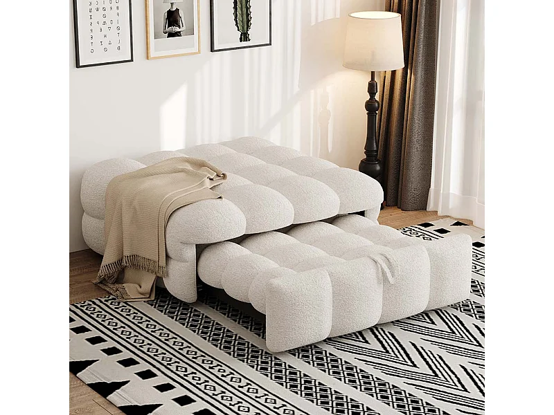 Lit gigogne, canapé-lit, pouf 2 en 1, nounours, beige, dimensions 183 x 76 x 42 cm