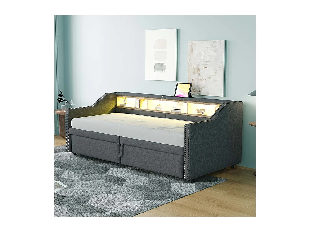 Lit gigogne extensible 90/180 x 200 cm, compartiment de rangement, éclairage LED et prise USB,Gris foncé