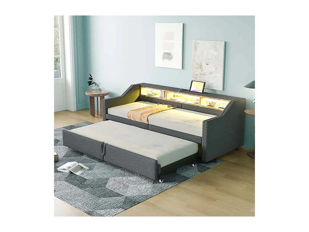 Lit gigogne extensible 90/180 x 200 cm, compartiment de rangement, éclairage LED et prise USB,Gris foncé