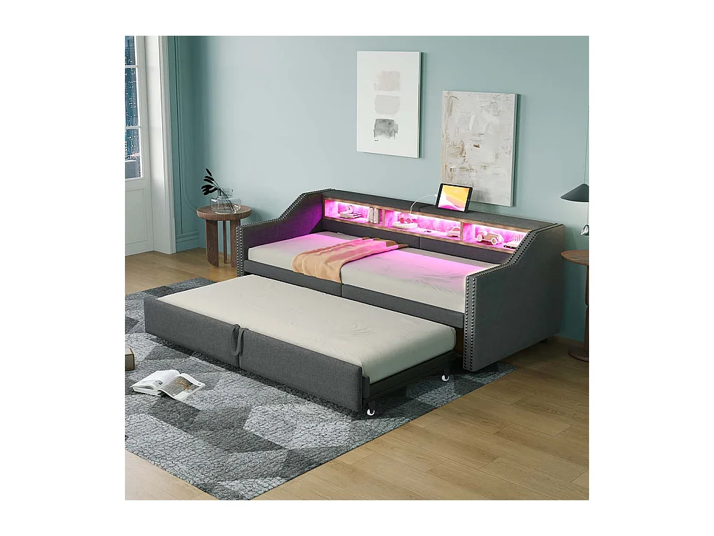 Lit gigogne extensible 90/180 x 200 cm, compartiment de rangement, éclairage LED et prise USB,Gris foncé