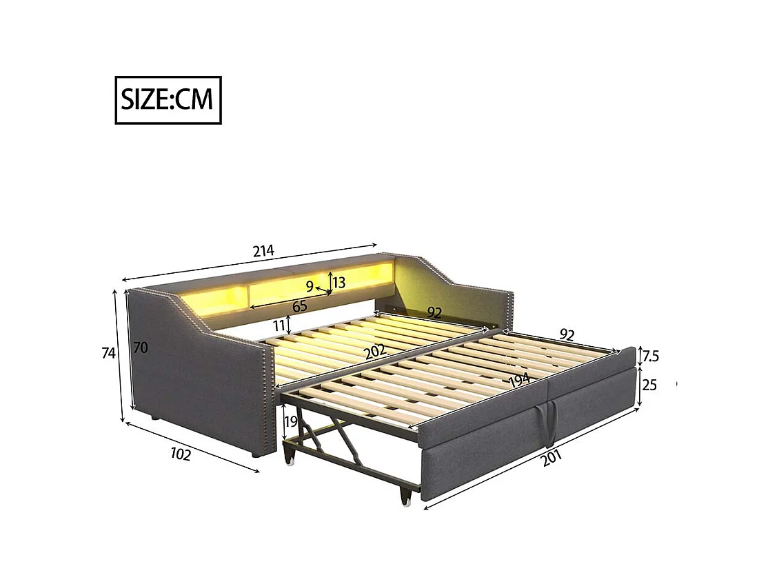 Lit gigogne extensible 90/180 x 200 cm, compartiment de rangement, éclairage LED et prise USB,Gris foncé