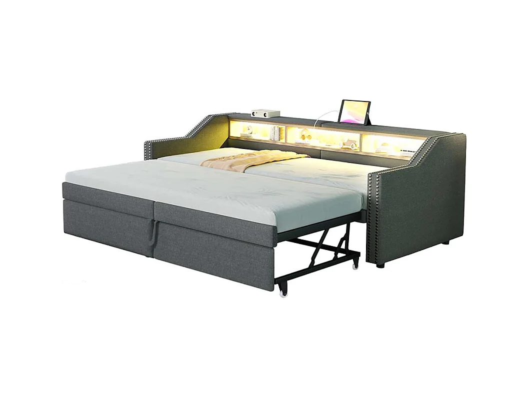 Lit gigogne extensible 90/180 x 200 cm, compartiment de rangement, éclairage LED et prise USB,Gris foncé