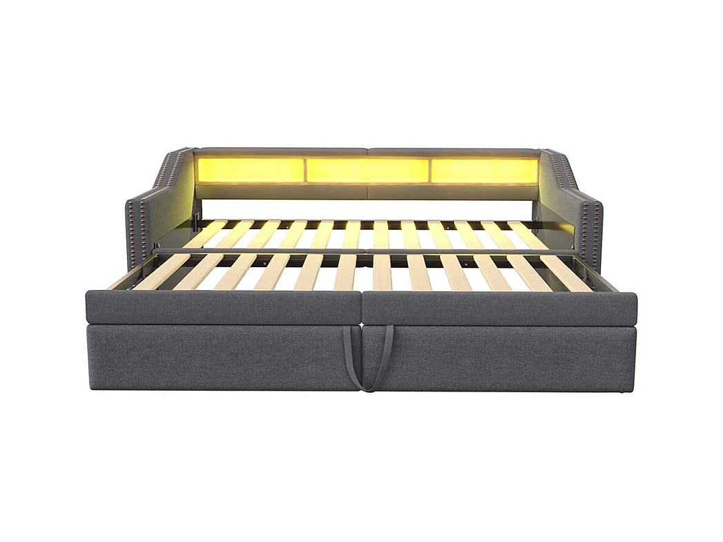 Lit gigogne extensible 90/180 x 200 cm, compartiment de rangement, éclairage LED et prise USB,Gris foncé