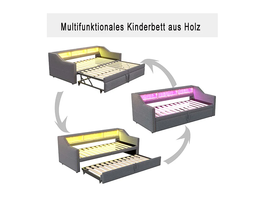 Lit gigogne extensible 90/180 x 200 cm, compartiment de rangement, éclairage LED et prise USB,Gris foncé