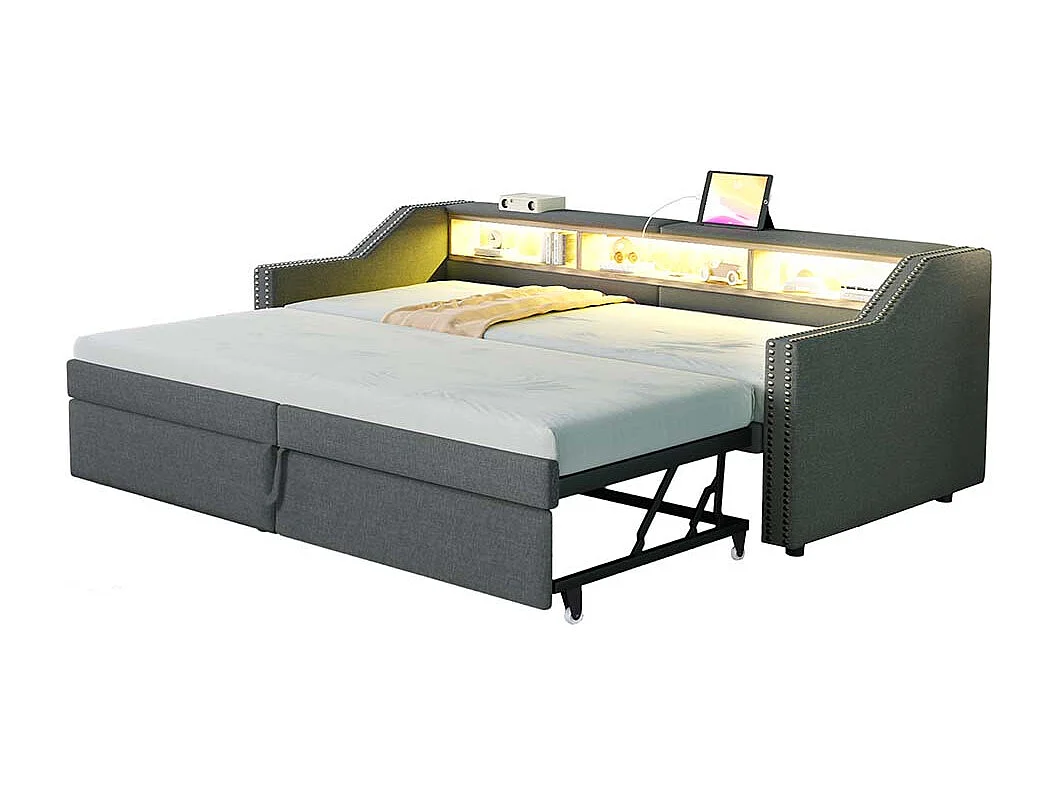Lit gigogne extensible 90/180 x 200 cm, compartiment de rangement, éclairage LED et prise USB,Gris foncé