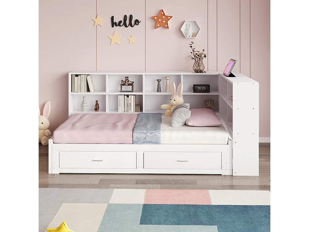 Lit gigogne 90/180 x 190 cm, avec compartiment de rangement, prise européenne, tiroir,blanc