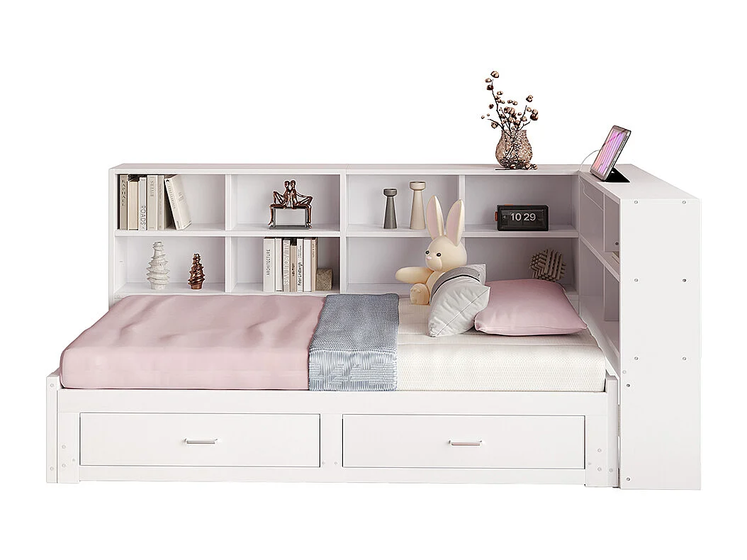 Lit gigogne 90/180 x 190 cm, avec compartiment de rangement, prise européenne, tiroir,blanc