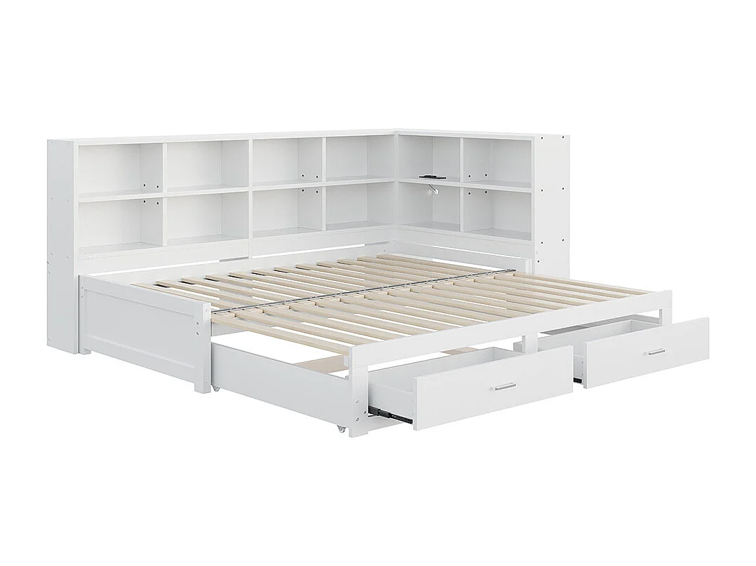 Lit gigogne 90/180 x 190 cm, avec compartiment de rangement, prise européenne, tiroir,blanc