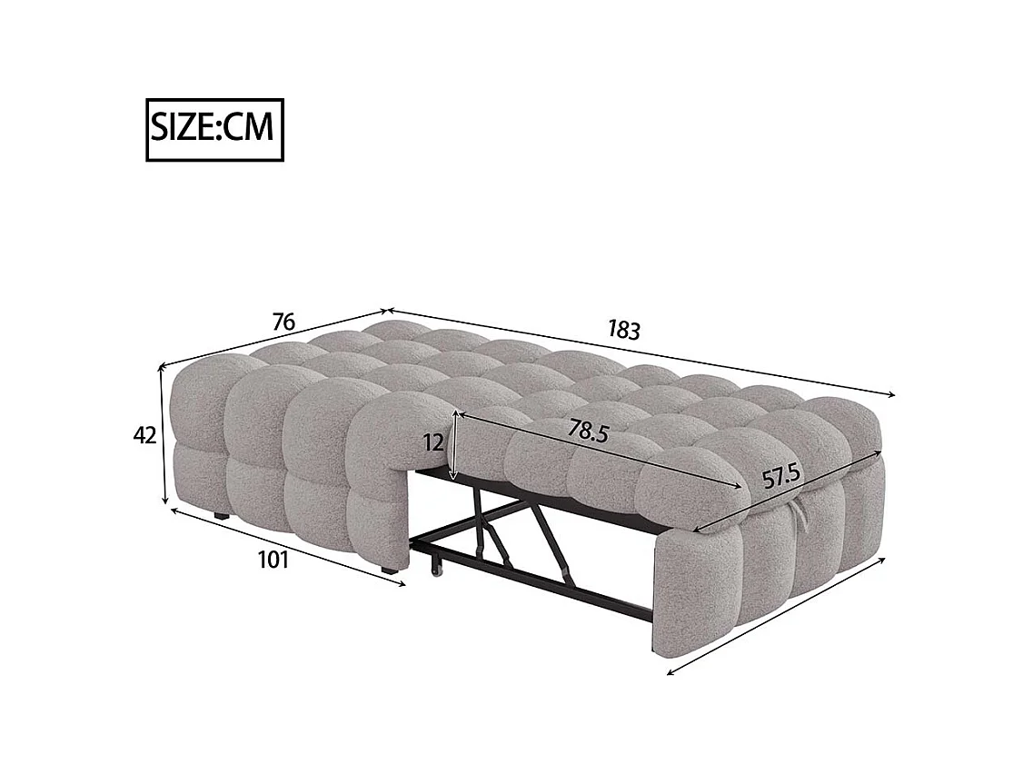 Ausziehbett, Schlafsofa, Sitzkissen 2 in 1, Teddybär, grau, Maße 183 x 76 x 42 cm