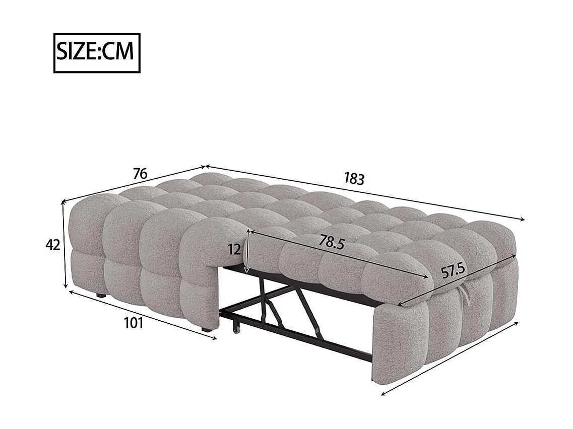 Lit gigogne, canapé-lit, pouf 2 en 1, nounours, gris, dimensions 183 x 76 x 42 cm