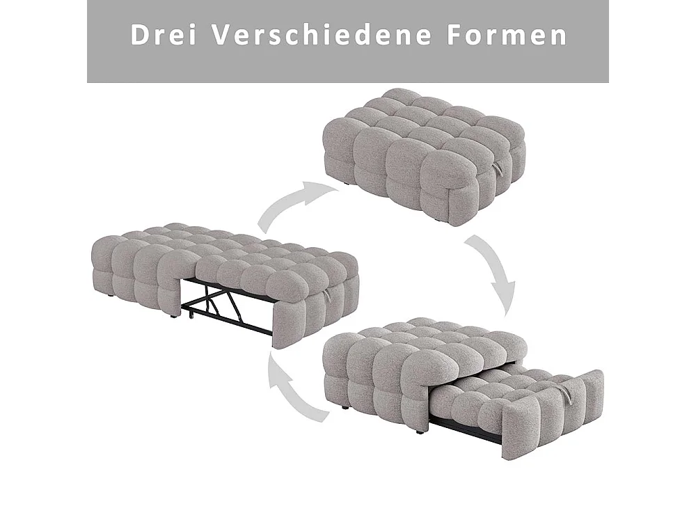 Lit gigogne, canapé-lit, pouf 2 en 1, nounours, gris, dimensions 183 x 76 x 42 cm