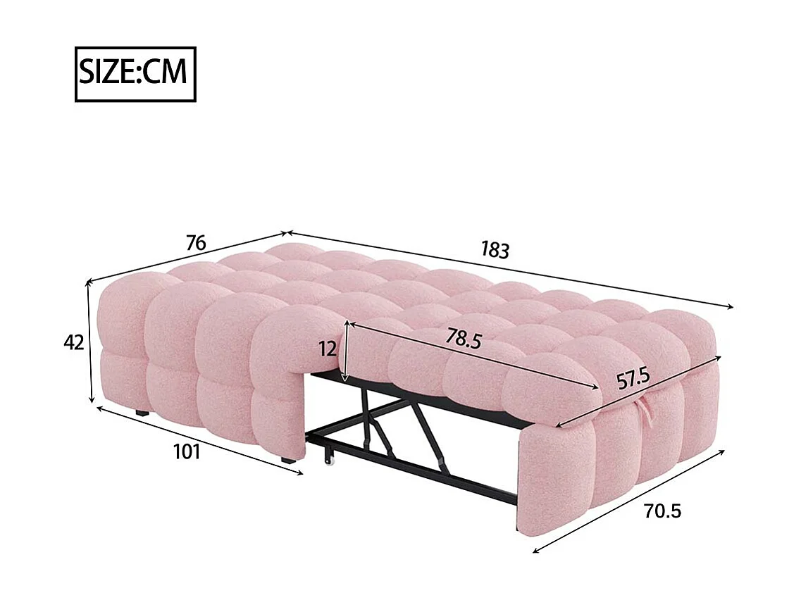 Lit gigogne, canapé-lit, pouf 2 en 1, nounours, rose, dimensions 183 x 76 x 42 cm