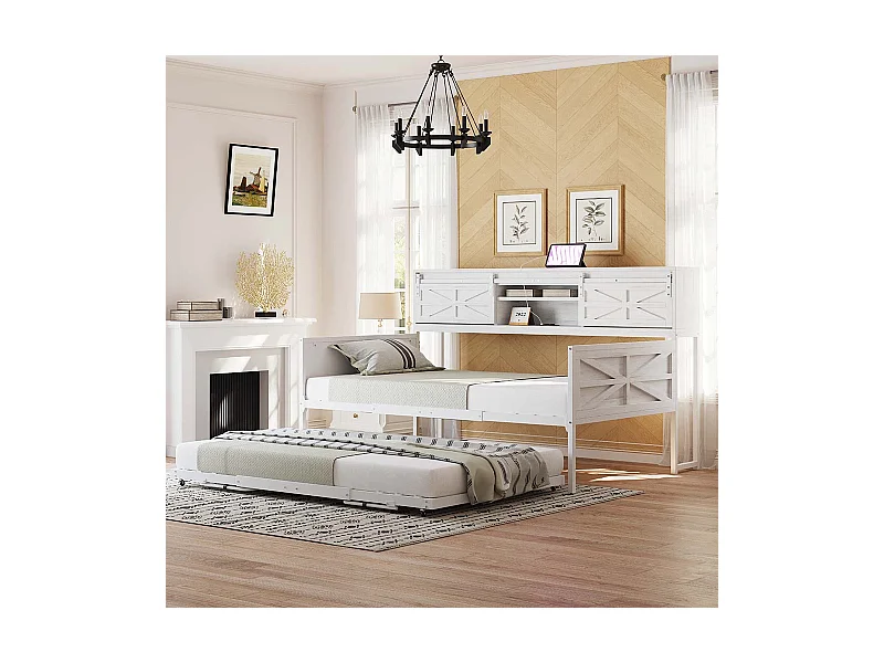 Lit gigogne 90 x 200 cm, avec compartiments de rangement et prise multifonction,blanc