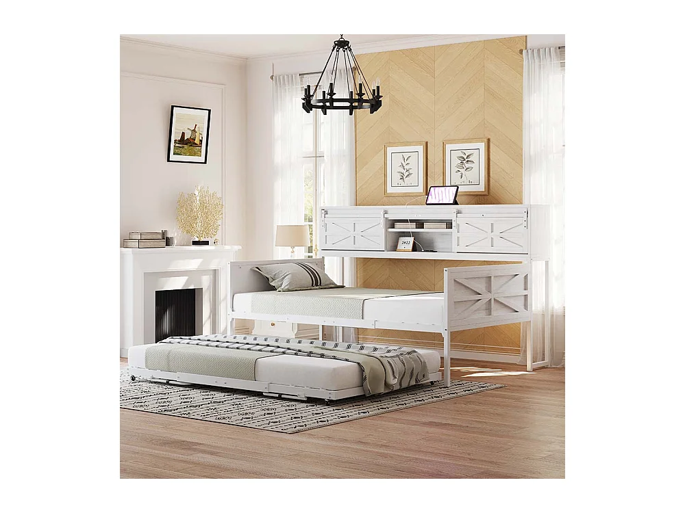 Lit gigogne 90 x 200 cm, avec compartiments de rangement et prise multifonction,blanc