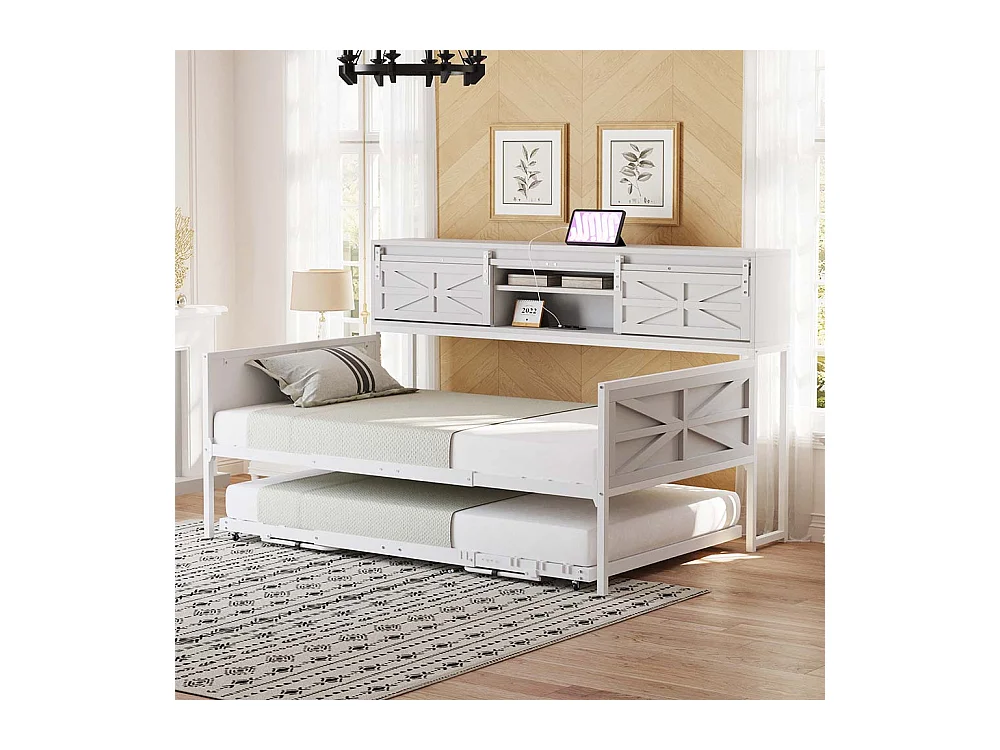 Lit gigogne 90 x 200 cm, avec compartiments de rangement et prise multifonction,blanc