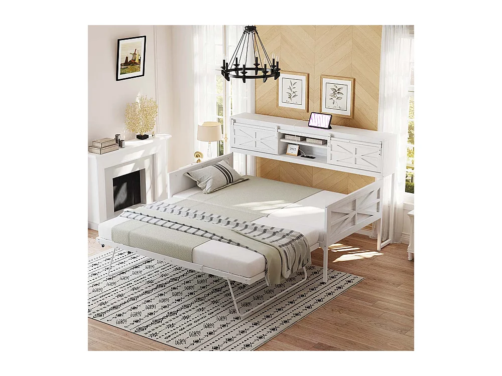 Lit gigogne 90 x 200 cm, avec compartiments de rangement et prise multifonction,blanc