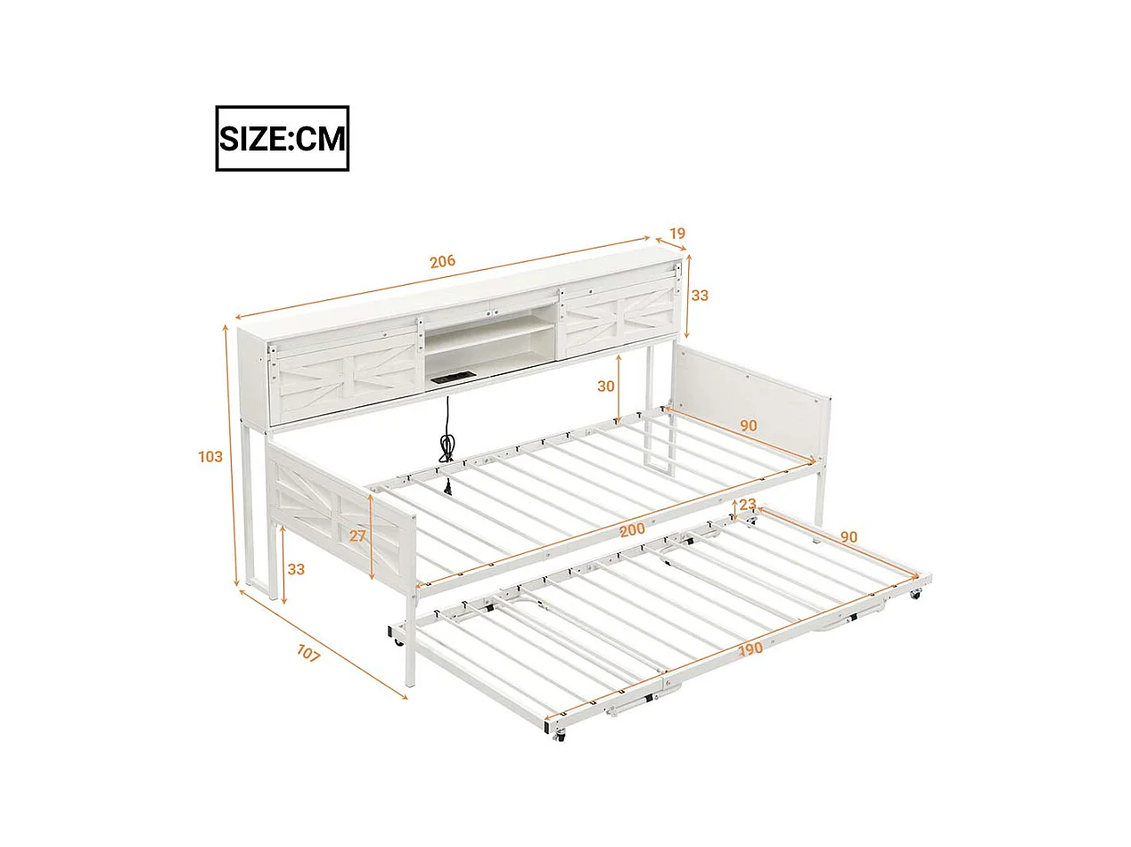 Lit gigogne 90 x 200 cm, avec compartiments de rangement et prise multifonction,blanc